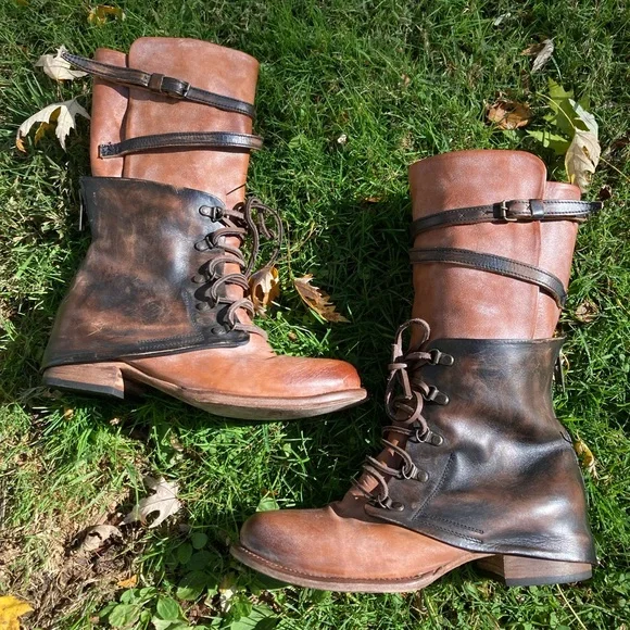 Freebird Ravi Mid-Calf Distressed Brown Leather Two Tone Leather Moto Boots 10 - Picture 1 of 17